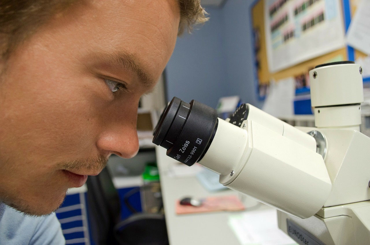 Researcher looking through microscope.